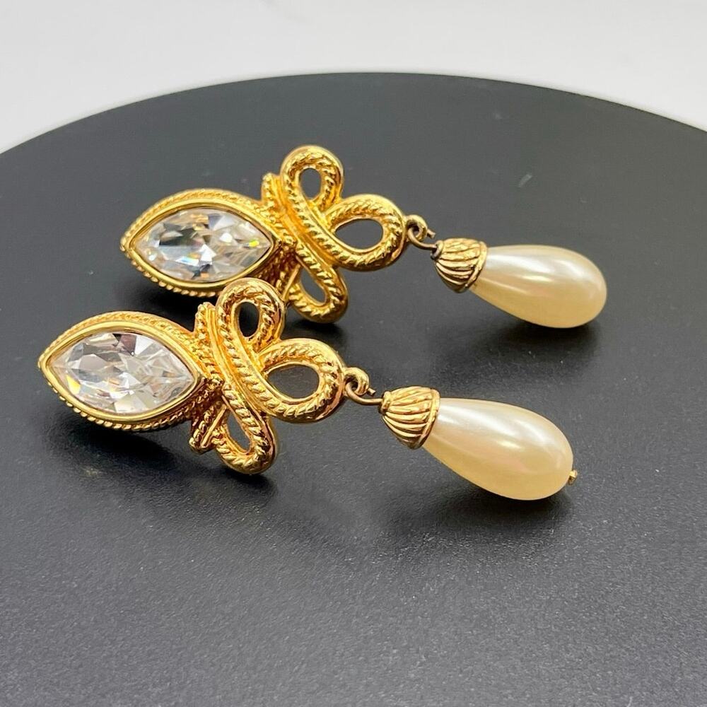 Swarovski Swan Vintage Crystal Teardrop Faux Pearl Gold Plated Dangle Earrings